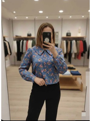 Azram Fashion Kadın Çiçek Detaylı Crop Gömlek