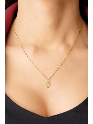 Fiyonk Kuyumculuk 14 Ayar Altın Kaktüs Detaylı Aynalı Zincir Kolye