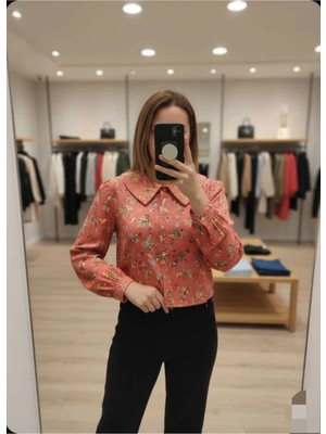 Azram Fashion Kadın Çiçek Detaylı Crop Gömlek