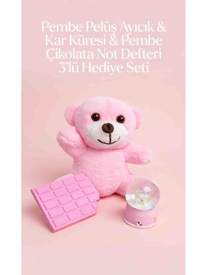 Wolawood Pembe Peluş Ayıcık Kar Küresi Kokulu Çikolata Tasarımlı Not Defteri Romantik 3'lü Set Sevgiliye Hediye
