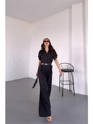 Dip Moda Gömlek Yaka Kemerli Geniş Paça Tulum DPK4197