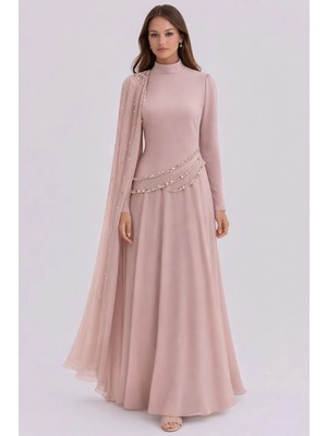 Olcay Pelerin ve Inci Detaylı Krep-Şifon Kombinli Exclusive Tesettür Abiye Elbise Pudra 1080