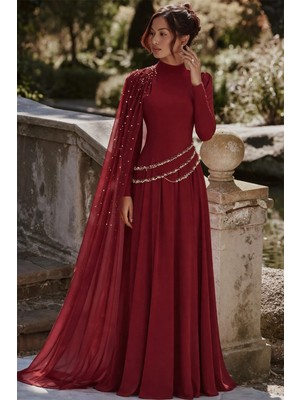 Olcay Pelerin ve Inci Detaylı Krep-Şifon Kombinli Exclusive Tesettür Abiye Elbise Bordo 1080