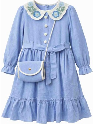 Gvn Kids Kız Çocuk Mavi Nakışlı Yakalı Elbise & Çanta Detaylı – Şık ve Sevimli Tasarım