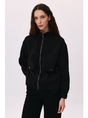Daido Kadın Fermuarlı Beli ve Kolları Lastikli Ceket 7910 Siyah