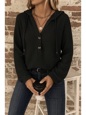 Pileli Store Pilelistore- Kadın Uzun Kollu Kapşonlu Önü Düğmeli ve Bağcıklı Waffle Bluz