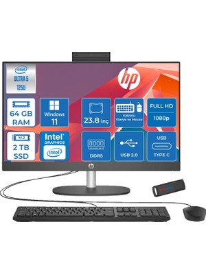 Hp Proone 240 G10 Intel Core Ultra 5 125U 4.3 Ghz 64GB Ddr5 2tb SSD Intel Aı Boost Windows 11 Home 23.8" Fhd (1920 x 1080) IPS All In One Bilgisayar HPD1GD0ETH33 + Zetta Flash Bellek