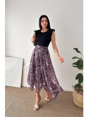 Dip Moda Kadın Mürdüm Modern Kesim Vatkalı Asimetrik Kesim Mermer Desen Elbise DPK4593