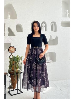 Dip Moda Kadın Siyah Kemer Detaylı Tül Etekli Midi Boy Elbise DPMY3931