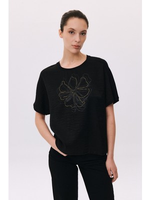Daido Kadın Yuvarlak Yaka Kısa Kollu Desenli T-Shirt 6217 Siyah