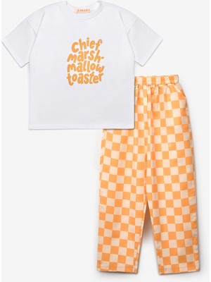 Le Mabelle Turuncu Baskılı Dama Desenli Çocuk Tişört Pantolon Takım - Lucia