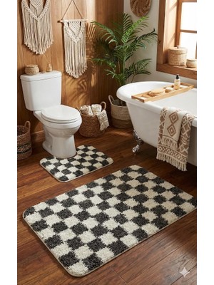 Eurobano Chess Dama Desenli Lateks Kaymaz Taban Makinede Yıkanabilir 2'li Bohem Banyo Paspası 80X50 50X40 cm