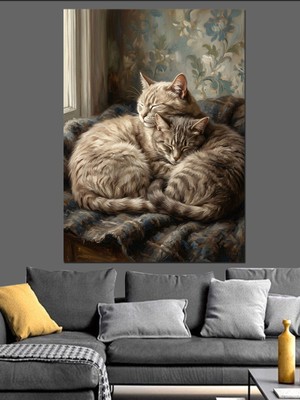 Tablomega Sepet Içinde Uyuyan Gri Kedi Dekoratif Kanvas - Mdf Ahşap Tablo