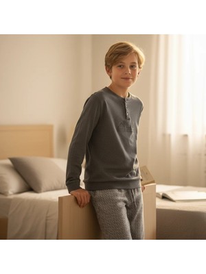 Bonbon Genç Erkek Gri Melanj Renk Pamuklu Pijama Takımı Uzun Kol Düğmeli Yaka Konforlu Tasarım AL001 V2 BB2432