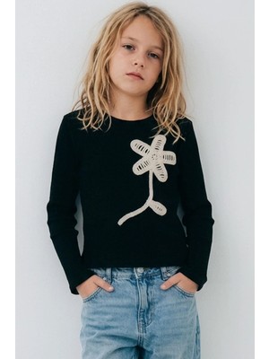 Breeze Kız Çocuk Uzun Kollu Tişört Örgü Çiçek Aplikeli 6-12 Yaş, Siyah