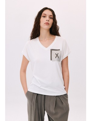 Daido Kadın V Yaka Düşük Kollu Penye T-Shirt 6226 Ekru