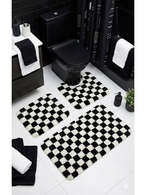 Eurobano Chess Dama Desen Lateks Kaymaz Taban Makinede Yıkanabilir 3'lü Banyo Paspası 60X100 60X50 60X50 cm