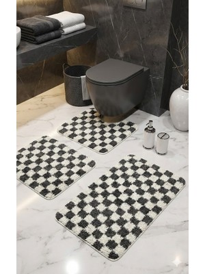 Eurobano Chess Dama Desen Lateks Kaymaz Taban Makinede Yıkanabilir 3'lü Banyo Paspası 60X100 60X50 60X50 cm