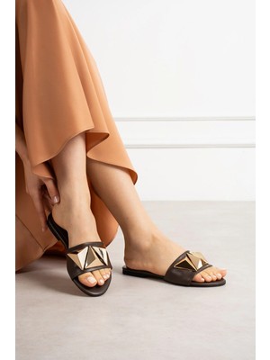 Shoetek Linsa Kadın Terlik Taşlı Kahverengi Deri