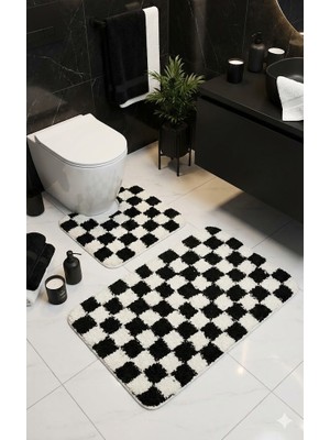 Eurobano Chess Dama Desenli Lateks Kaymaz Taban Makinede Yıkanabilir 2'li Bohem Banyo Paspası 80X50 50X40 cm