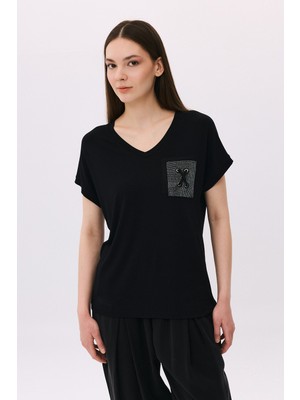 Daido Kadın V Yaka Düşük Kollu Penye T-Shirt 6226 Siyah