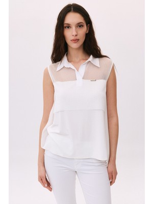 Daido Kadın File Detaylı Kolsuz Bluz 4813 Ekru