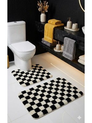 Eurobano Chess Dama Desenli Lateks Kaymaz Taban Makinede Yıkanabilir 2'li Bohem Banyo Paspası 60X100 60X50
