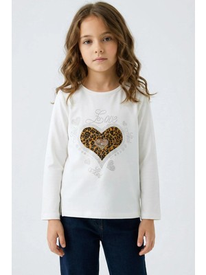 Breeze Kız Çocuk Uzun Kollu Tişört Sevgi Temalı Parıltılı Leopar Desenli Kalp Baskılı 6-12 Yaş, Ekru