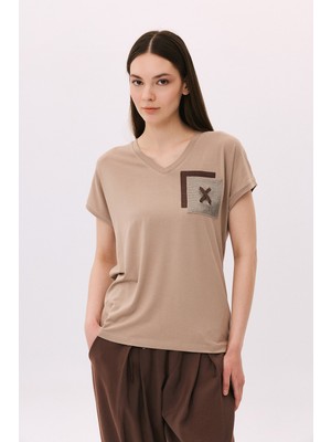 Daido Kadın V Yaka Düşük Kollu Penye T-Shirt 6226 Sütlü Kahve