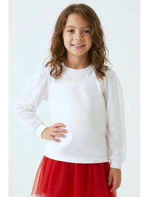 Breeze Kız Çocuk Uzun Kollu Tişört Kolları Tül Detaylı 4-9 Yaş, Ekru