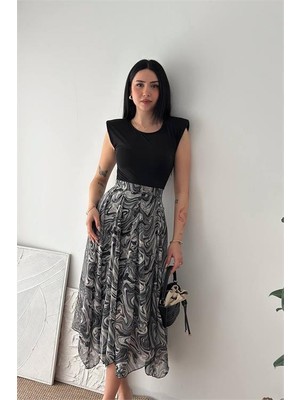 Dip Moda Kadın Siyah Modern Kesim Vatkalı Asimetrik Kesim Mermer Desen Elbise DPK4593