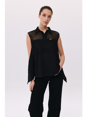 Daido Kadın File Detaylı Kolsuz Bluz 4813 Siyah