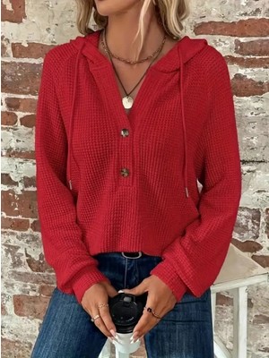 Pileli Store Pilelistore- Kadın Uzun Kollu Kapşonlu Önü Düğmeli ve Bağcıklı Waffle Bluz