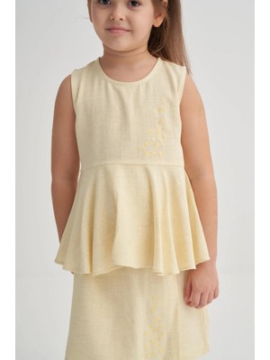Queen Kids Queenkids Kız Çocuk 20459  Keten Volanlı Bluz Sarı