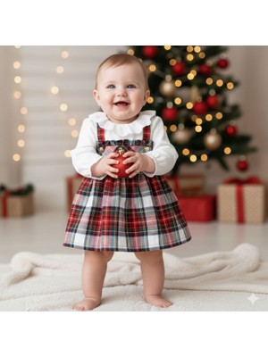 Butik Kız Bebek Ekose Desenli Dantel Yakalı Pamuklu Elbise 6-9-12-18-24 Ay