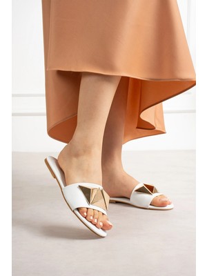 Shoetek Linsa Kadın Terlik Taşlı Beyaz Deri