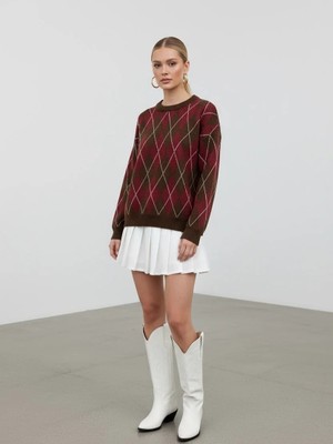 Mersi Kazak Baklava Dilim Bisiklet Yaka Bordo Gri