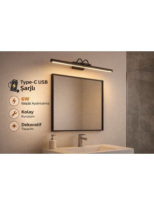 Özer Light 35CM / USB Sarjlı Resim / Tablo / Ayna Üstü / Banyo / Ledli Aplik Flüt 3000K Günışığı Siyah kasa