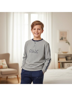 Bonbon Genç Erkek Pamuklu Gri Melanj - Lacivert Renk Pijama Takımı AL003 V2 BB2435