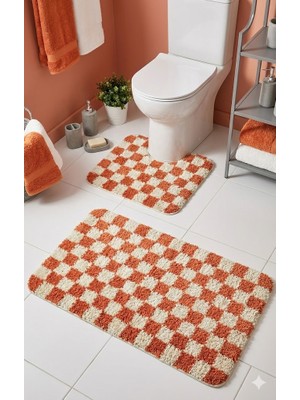 Eurobano Chess Dama Desenli Lateks Kaymaz Taban Makinede Yıkanabilir 2'li Bohem Banyo Paspası 60X100 60X50