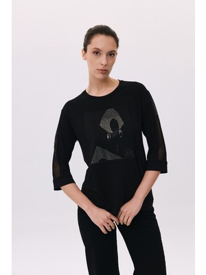 Daido Kadın Yuvarlak Yaka Truvakar Kol Penye T-Shirt 6242 Siyah
