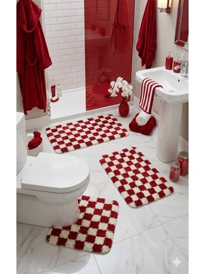 Eurobano Chess Dama Desen Lateks Kaymaz Taban Makinede Yıkanabilir 3'lü Banyo Paspası 60X100 60X50 60X50 cm