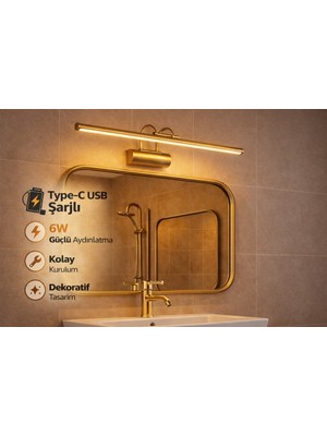 Özer Light 35CM / USB Sarjlı Resim / Tablo / Ayna Üstü / Banyo / Ledli Aplik Flüt 3000K Günışığı Gold kasa