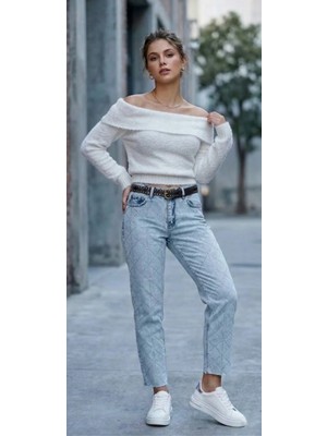 Mersi Beyaz Kazak Triko Madonna Yaka