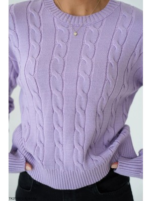 Qu Style Örgü Desenli Kazak Lila Renk