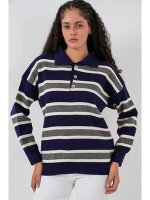 Polo Yaka Lacivert Beyaz Gri