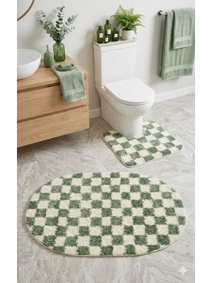 Eurobano Chess Dama Desen Lateks Kaymaz Taban Makinede Yıkanabilir 2'li Bohem Oval Banyo Paspası 60X100 60X50