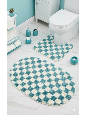 Eurobano Chess Dama Desen Lateks Kaymaz Taban Makinede Yıkanabilir 2'li Bohem Oval Banyo Paspası 60X100 60X50