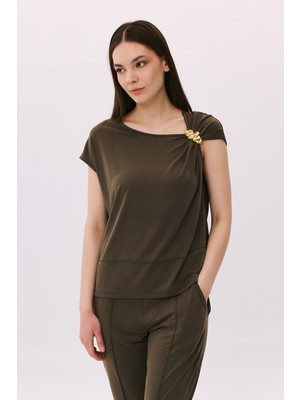 Daido Kadın Toka Detaylı Kolsuz Penye Bluz 6244 Haki