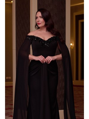 Bdm Exclusive Omuz Dekolteli Uzun Transparan Pelerin Kollu, Taşlı Nakış Işlemeli, Zarif ve Şık Gece Abiye Elbise